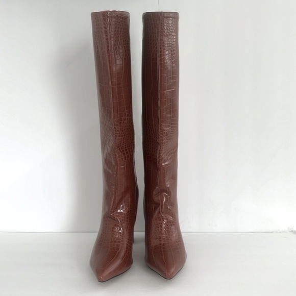 Women’s Croc Embossed Chunky Block Heel Brown Tall Boots Size 38 Fits Size 8 NEW - Picture 9 of 12